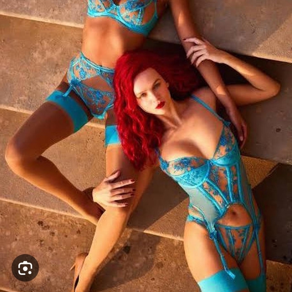 Honey Birdette Sabrina Elegant Lace Lingerie Set in Turquoise 32DD BRIEF XXL